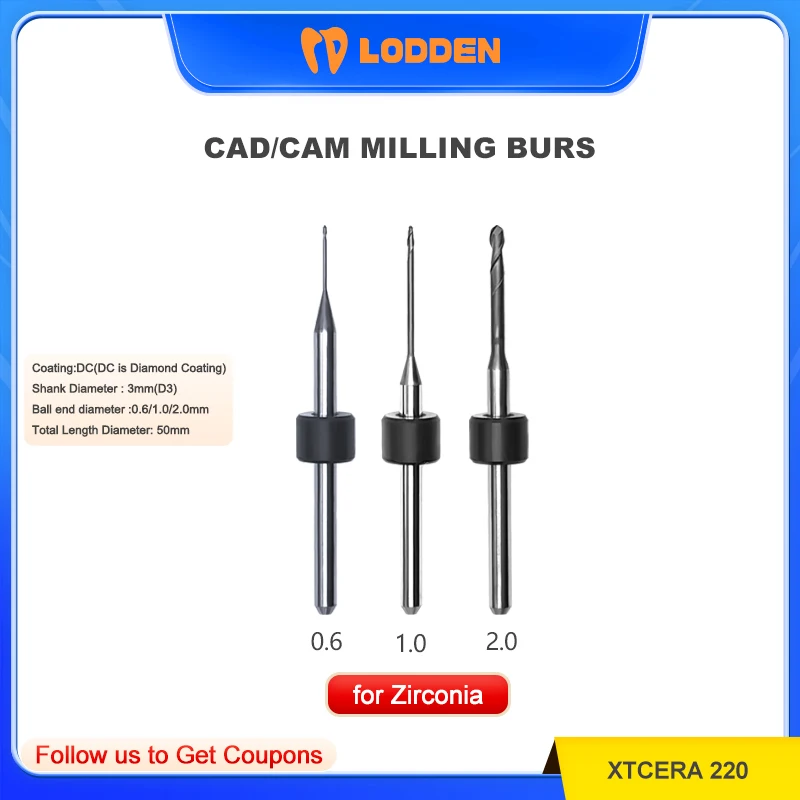 

LODDEN Dental Lab CAD CAM Milling Burs Grind Zirconia for Xtcera 220 Machines D3 DC Coating 0.6/1.0/2.0mm Precision Drill Tools