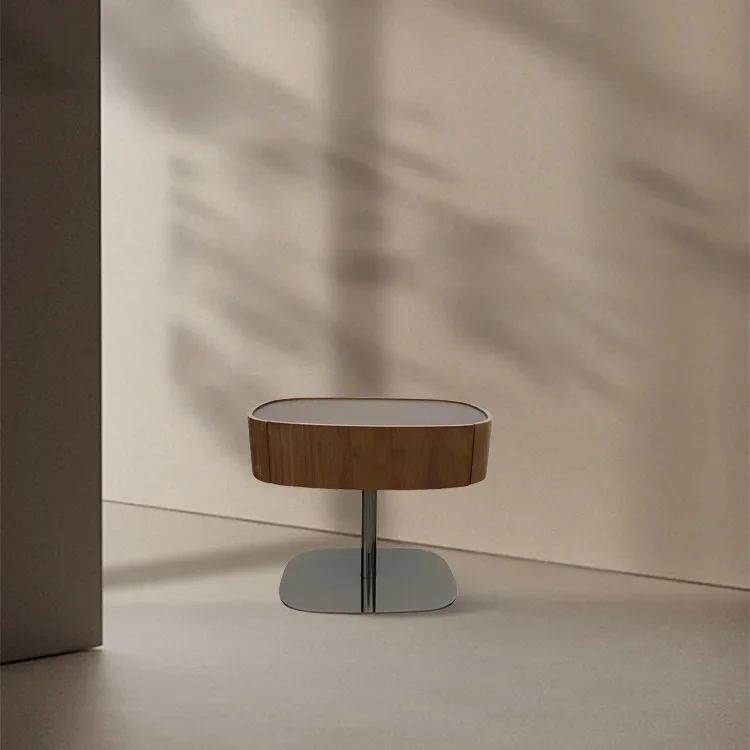Italian minimalist walnut bedside table, solid wood, saddle leather, modern bedside table, designer model, second-hand style