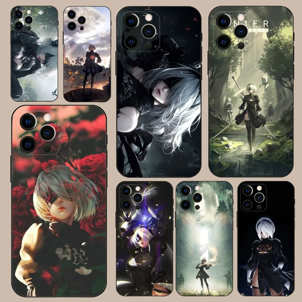 N-NieR A-Automata 2B Phone Case For iPhone 16,15,14,13,12,11,Pro,X,XS,Max,XR,Plus,Mini Soft Black Cover