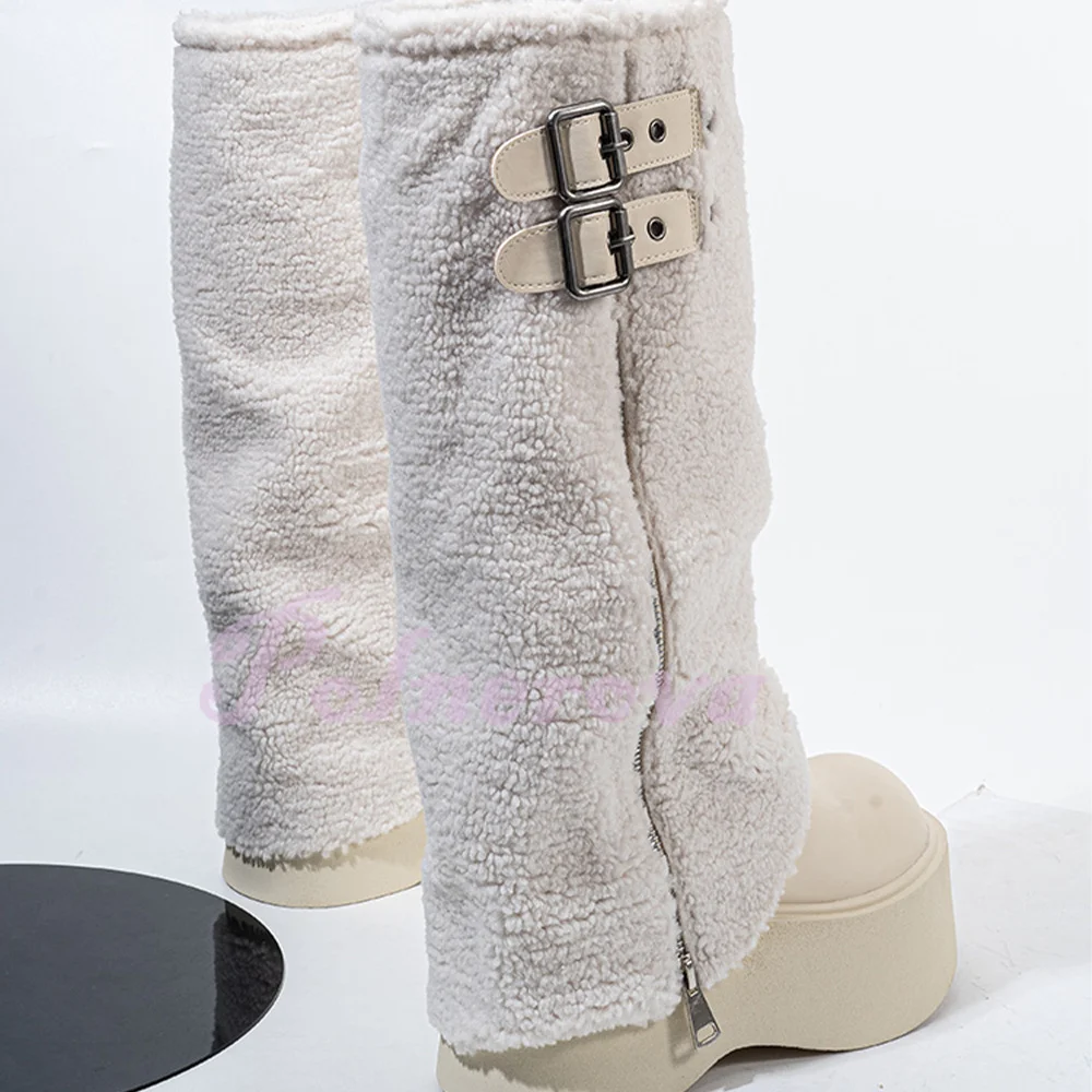 Furry Fur Platform Snow Boots Thick-Soled Leather Buckle Strap Women's Boots Novelty Designer Ladies Botas Zapatos Para Mujere
