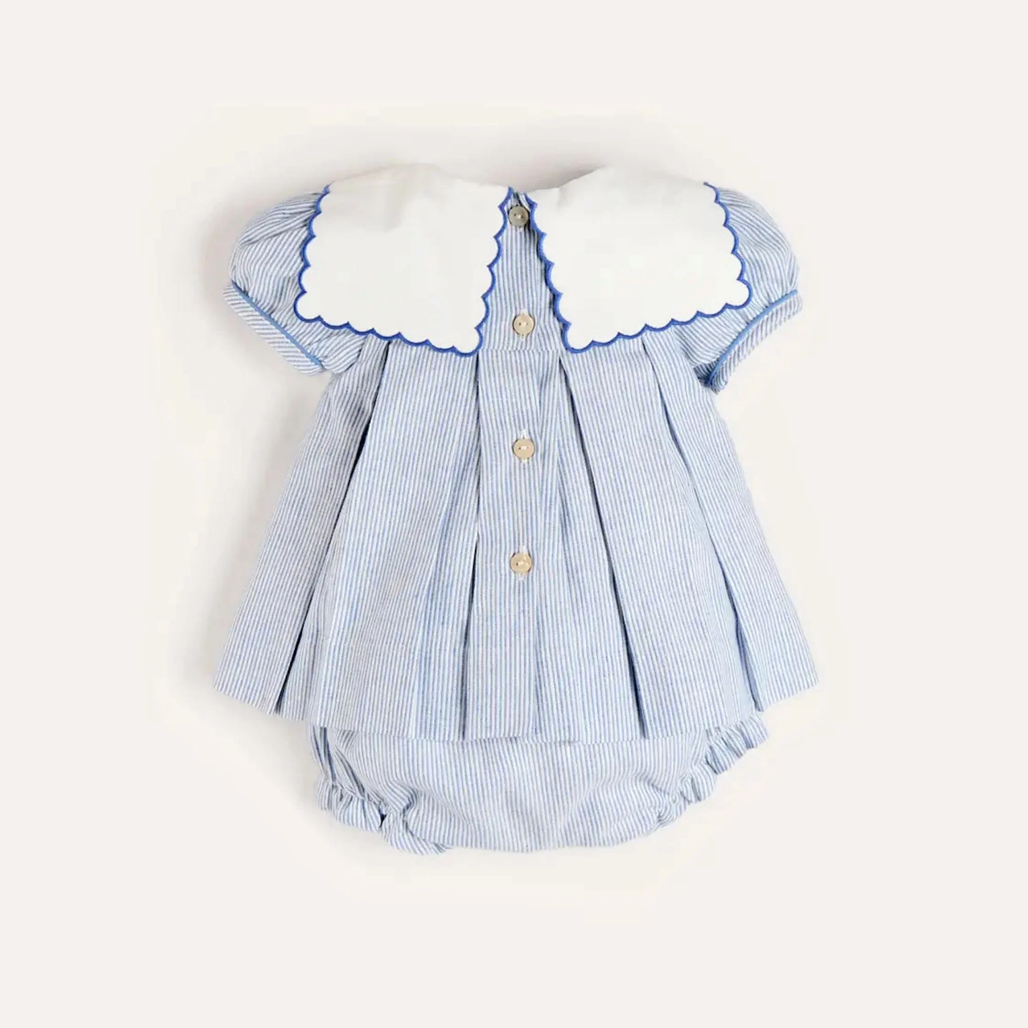 Blue Stripe Mariner Collar Embroidered Boat Detail Baby Girl Holiday Party Set With Bloomers Newborn Girls Clothing For Summer