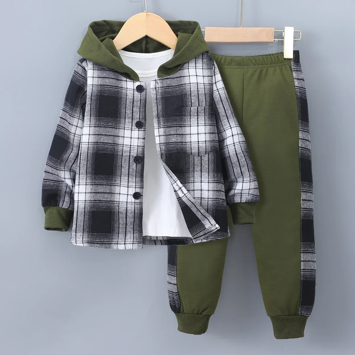 2024 Boys Set Autumn 3-7 Years Old Long Sleeve Casual Checker Contrast Summer Hoodie Set Shirt Suit Kids Fashion Plaid