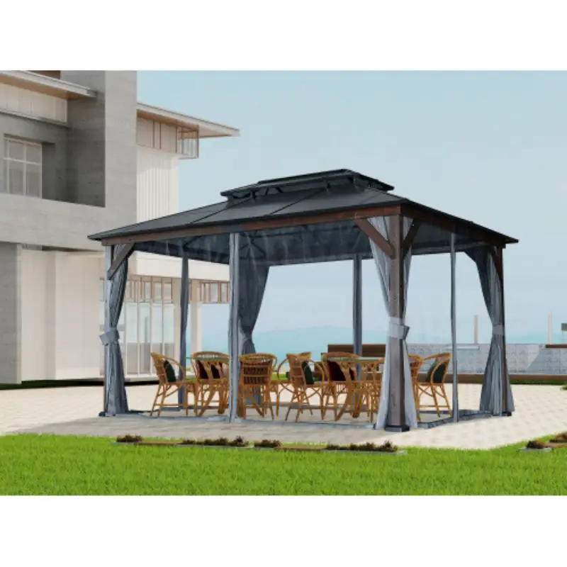 10' x 13' hardtop wooden patio, outdoor frame patio, polycarbonate double roof canopy, solid wood frame patio, privacy curtains