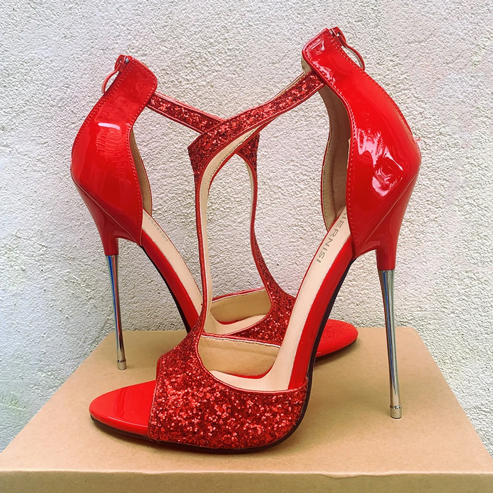 16cm Thin High Heels Bling Bling Sandals Sexy Red Pumps Slip On Runway Cross Dresser Fetish Night Club Party Man Unisex Shoes