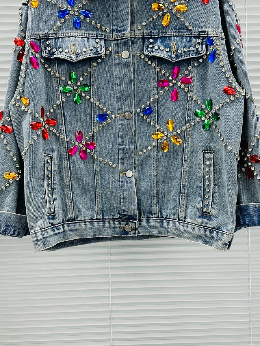 Exquisite Rhinestone Denim Coat Female 2024 Autumn New Fashionable Loose All-Match Streetwear Long Sleeve Women Jackets