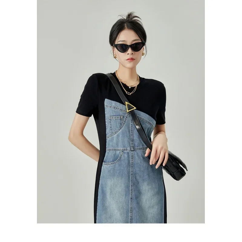 Women Dress Denim Long Dresses Round Neck Short Sleeve Elegant Splice Autumn Tight Waist Casual Temperament Vestidos 2024