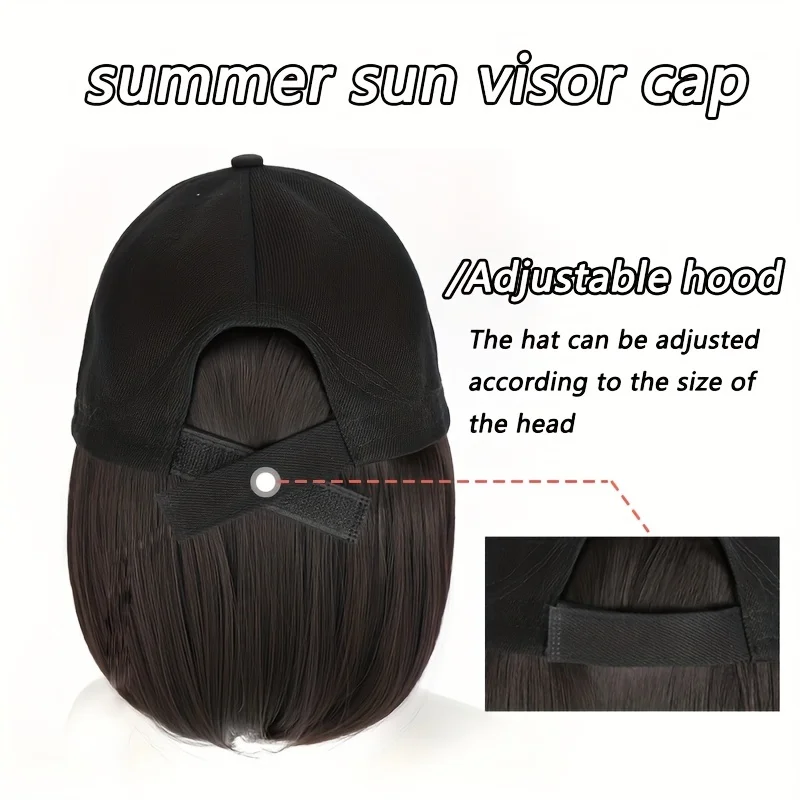 Synthetic Bob Hat Wig Women\'s Black Cap Sun Hat Short Straight Hair Extension Daily Wear Heat-resistant Baseball Cap Adjustable