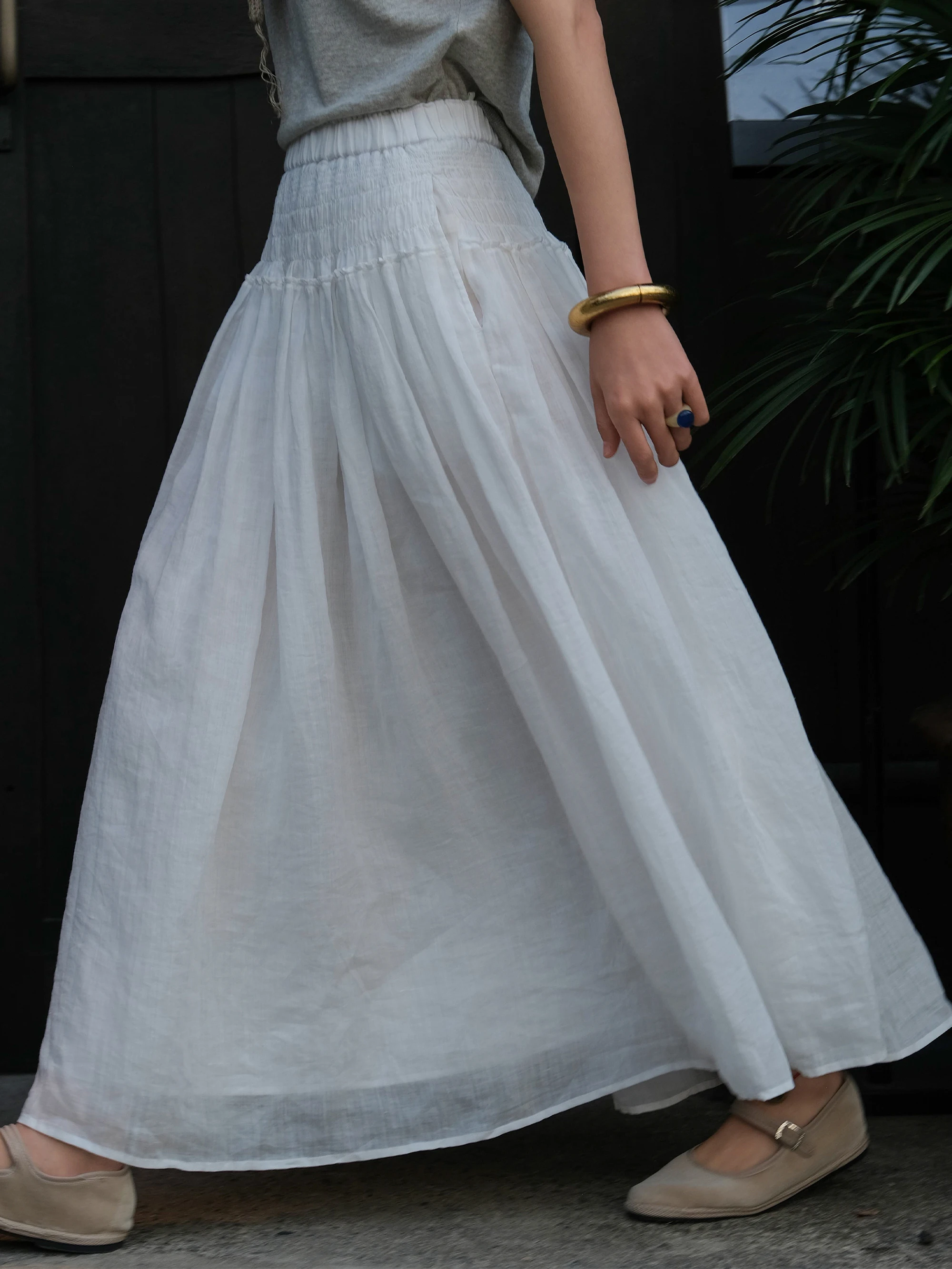 

Pure Silk Salt Shrub Wash High Density Draped Texture Ethereal Half Skirt by Ma Lin White Peony A-Line Midi Skirt