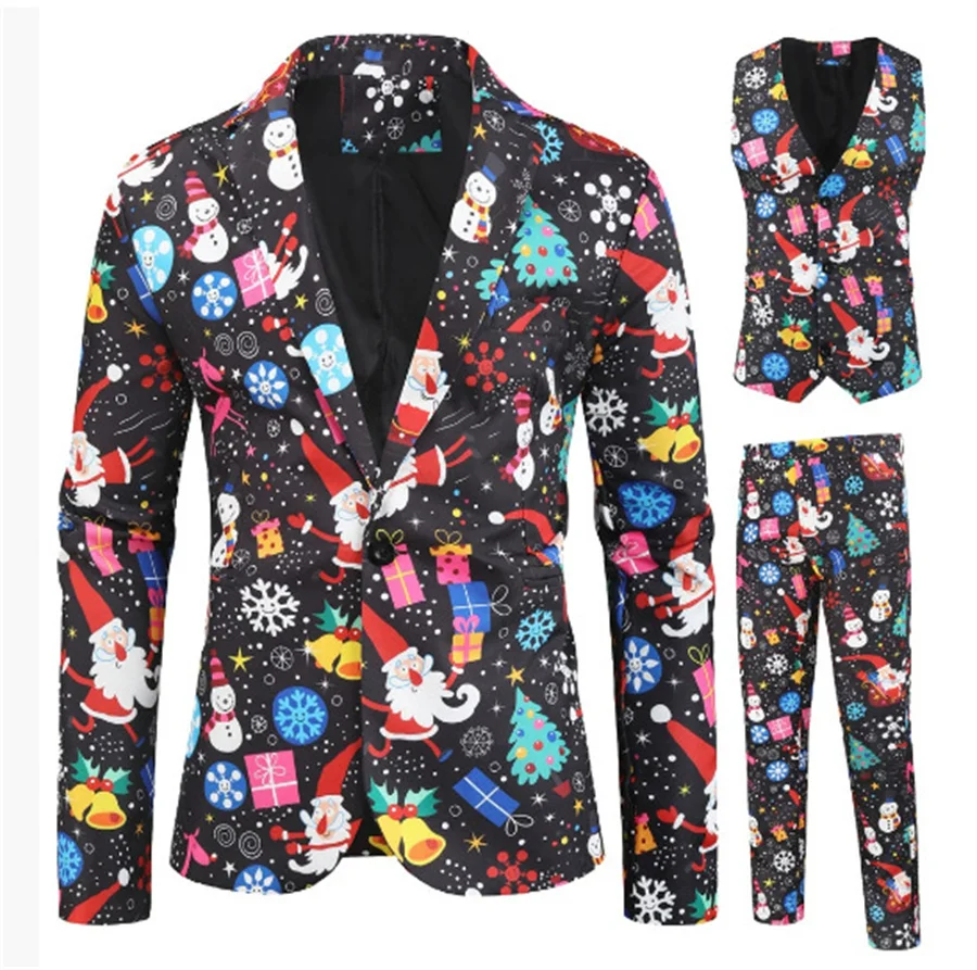 

2026 New Christmas Printed Three Pieces Suit Sets Casual Performance Costume Men's Fashionable Jacket Vest Pants Nightclub Set