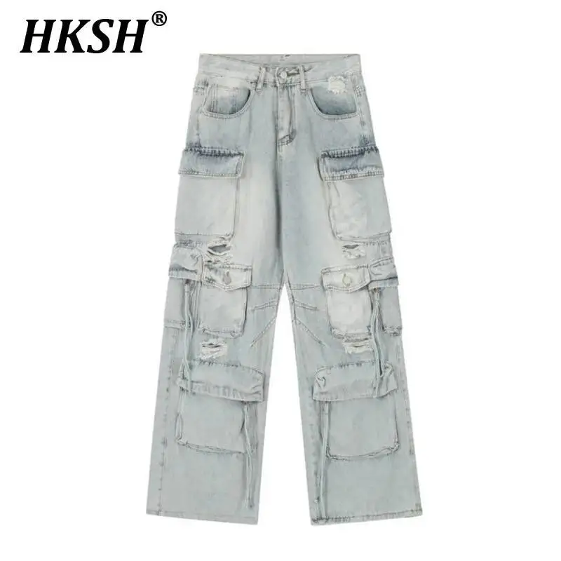 

HKSH Summer New Men's Tide Original Design High Street Chic Jeans Trendy Punk Washed Holes Niche Loose Straight Leg Pants HK5612