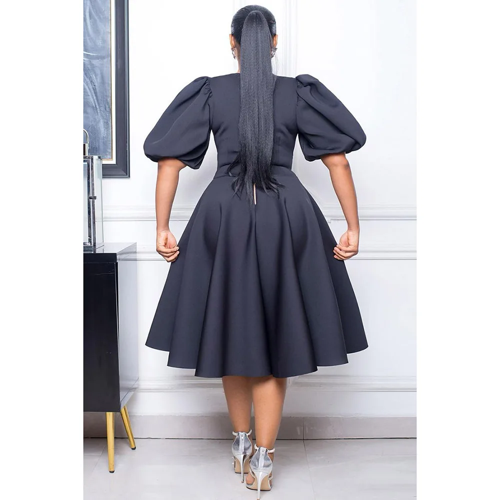 Plus Size Black Casual Women\'s Dress O Neck Puff Sleeve A Line Round Neck Slim Fit Midi Formal Dress