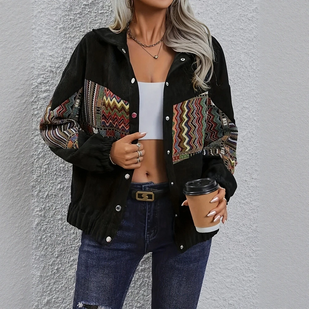 

Женская повседневная шикарная лоскутная куртка с длинными рукавами и лацканами на пуговицах через осенний базовый топ для повседневной носки