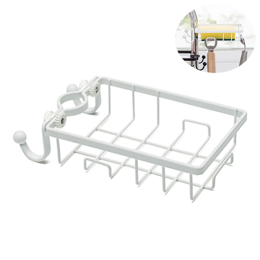 Adjustable Faucet Storage Rack Kitchen Sink Organizer Sponge Holder With Hooks Drain Rack For Soap Dishcloth White Clamp