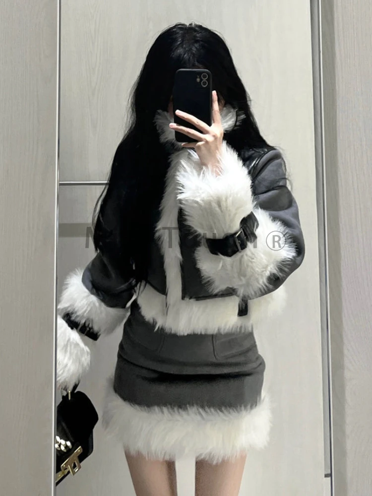 Winter Vintage Elegant 2 Piece Skirt Set Woman Preppy Style Vintage Suit Female Fashion Fur Casual Jacket + Y2k Mini Skirt 2023