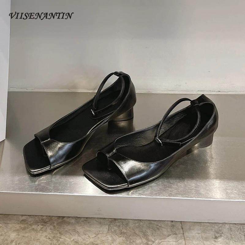 

New Design Clip Toe Women Sandals Square Toe Low Heel Ankle Strap Japanese Summer Shoes Solid Color Real Leather Leisure Sandals