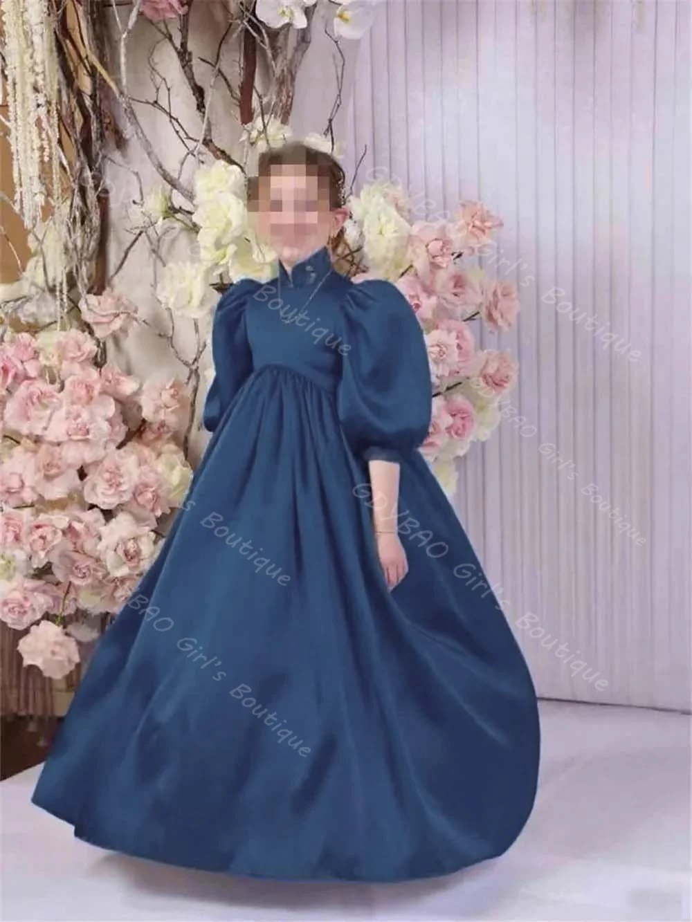 رشيقة الساتان فستان التواصل الأول للأطفال الأميرة عالية الخصر بالون كم زهرة فتاة فستان مخصص حفل زفاف الكرة ثوب