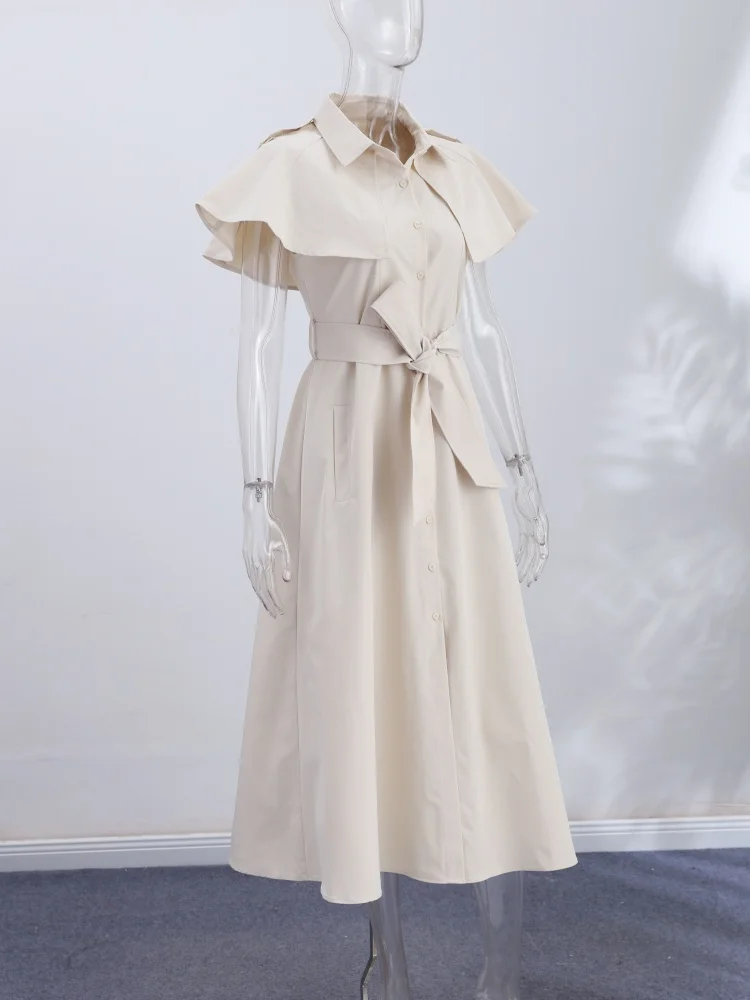 Damen Trenchcoat-Stil Hemdkleid Einfarbig Cape-Ärmel Taillengürtel Knopfleiste Midi-Rock Lässig Schick Tägliches Büro-Outfit Neu – Detail 3