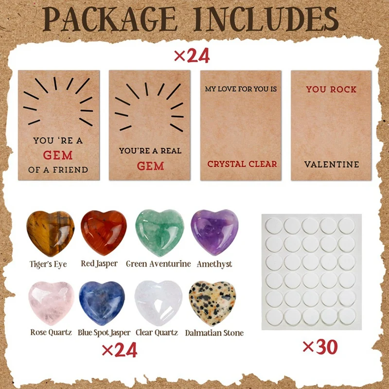 AA58 Valentines Day Gifts for Kids - 24 Pack Valentines Cards with Heart-Shape Crystals - Valentine Gift Exchange