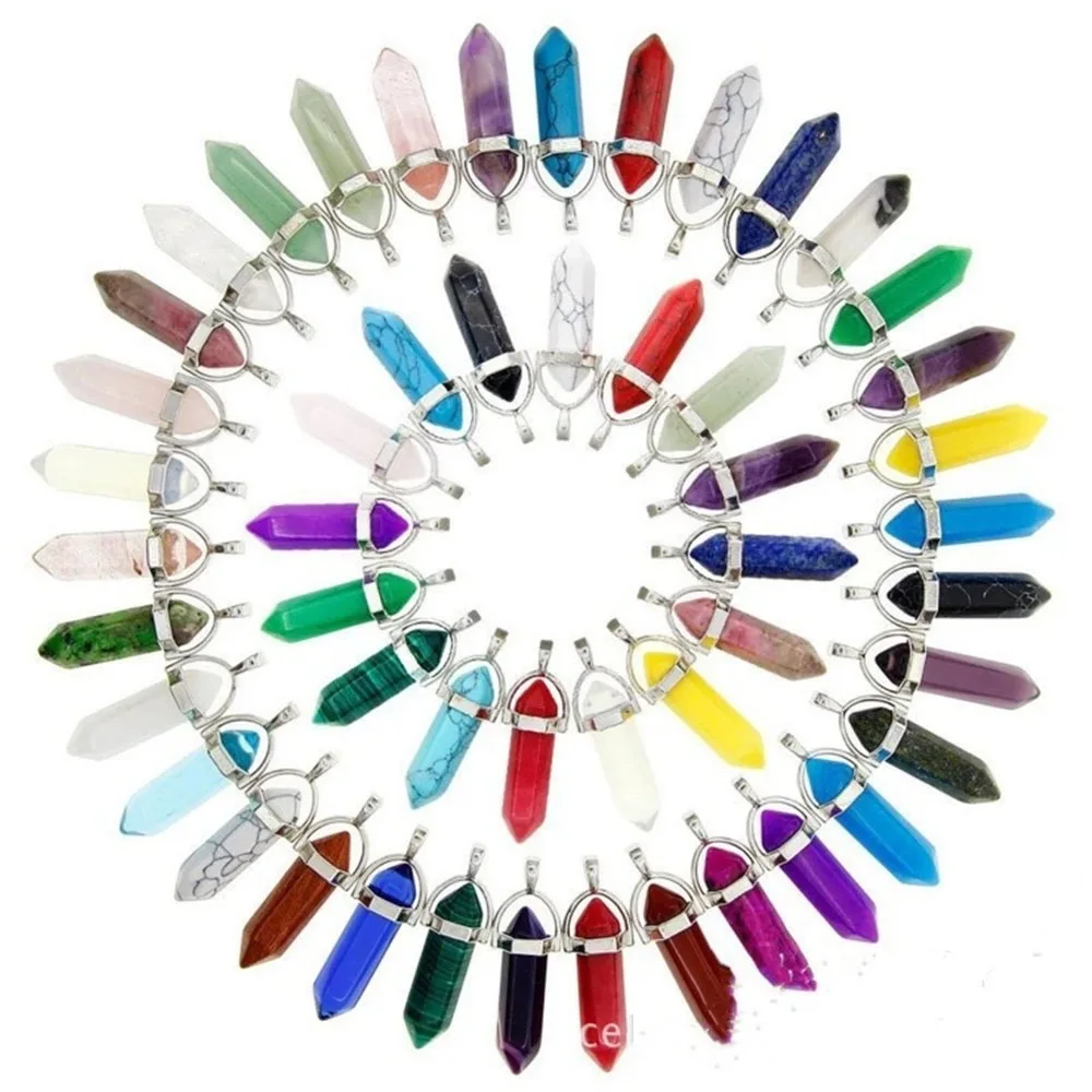 

30Pcs/Lot Natural Crystal Stone Hexagonal Pillar Bullet Style Quartz Necklace Pendants For Men Women Mix Style