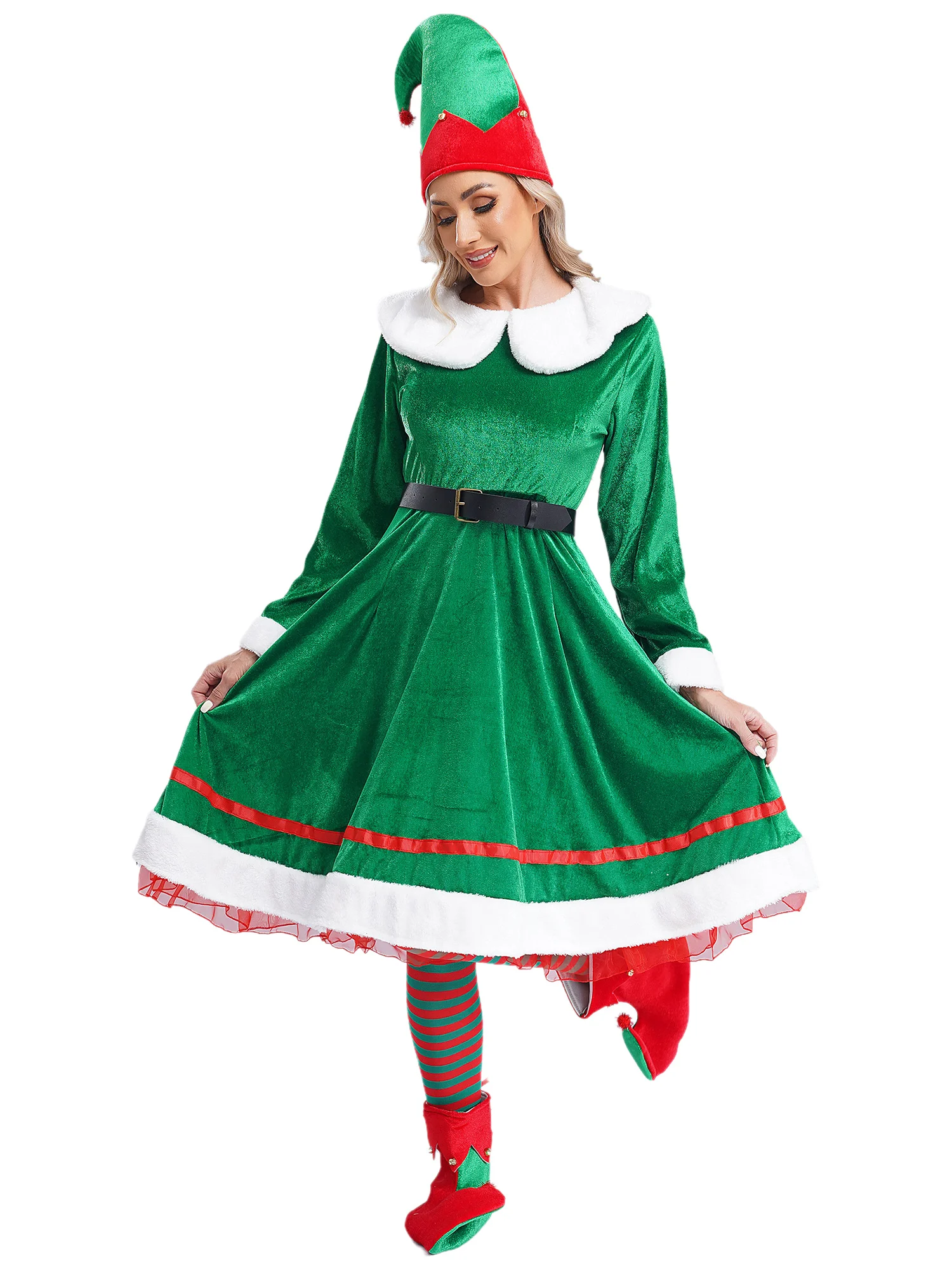 Disfraz de elfo de Navidad para mujer, disfraz de ayudante de Papá Noel, vestido de franela de manga larga, conjunto de Cosplay, traje de terciopelo para fiesta navideña, 5 uds.