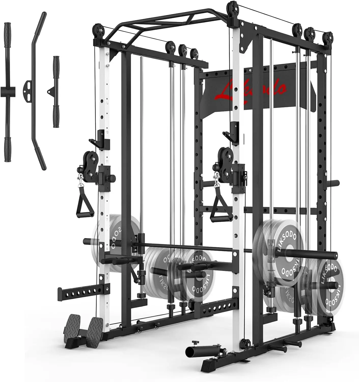 Smith Machine for Home Gym, Multifunctional Power Cage Rack with Cable Crossover System and Smith Bar Barbell, T Bar and More Tr