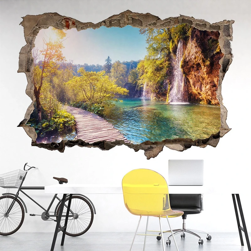 Waterfall Wall Hole Art Mountain Water Tree Autumn Scenery Vinyl Mural Stickers for Home Decoration Aesthetic Rooms Wallpaper