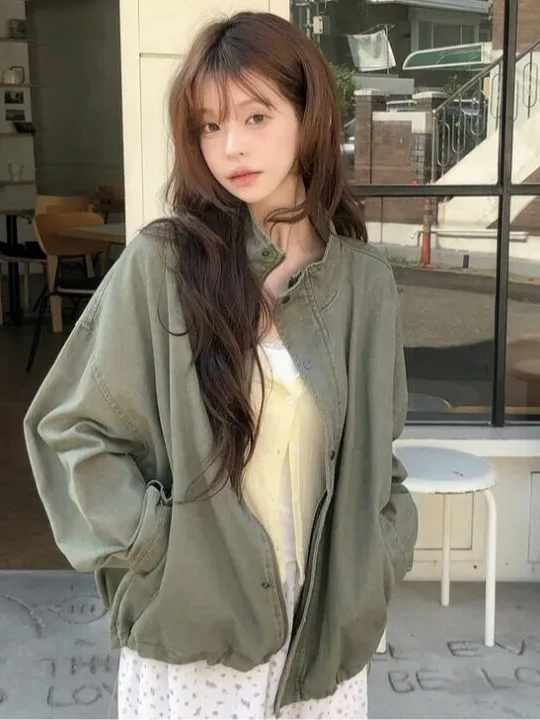 Chic Vintage Oversized Shoulder Drop-Cord Outwear Women's Korean Style Stand Collar Workwear Jacket for Autumn Spring Winter