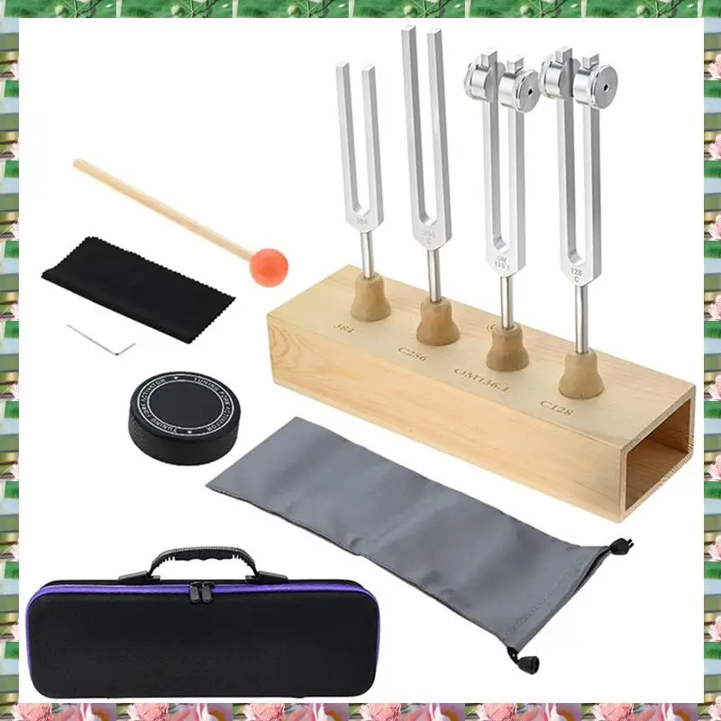 

Sports 4Pcs 128Hz OM136.1Hz 256Hz 384Hz Tuning Fork Set With Handbag,Activator And Wooden Sound Box For Healing Meditation Yoga,