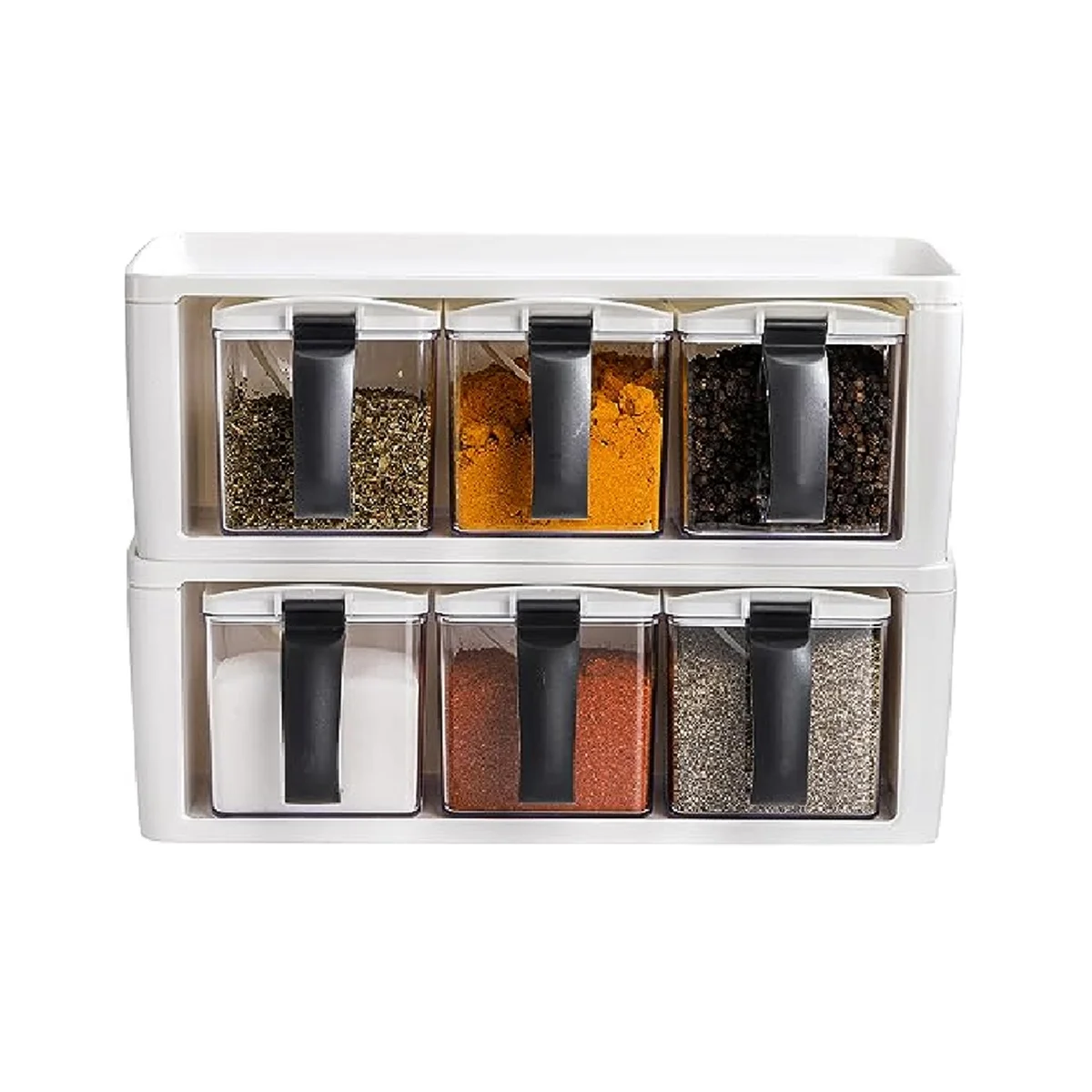 2 Pack 3 Grids Spice Rack with Handle,Cover & Spoon,Clear Kitchen Salt Pepper Sugar Canisters Combo Set Stackable Cruet