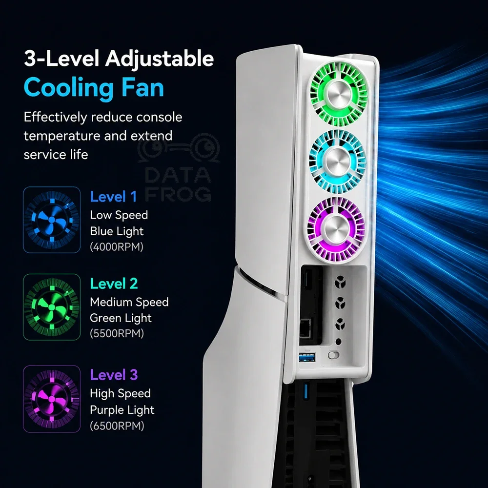 DATA FROG RGB Cooler Compatible with PS5 Slim, 3-Level Adjustable Fan for Extended Gaming Life & Heat Dissipation view 2