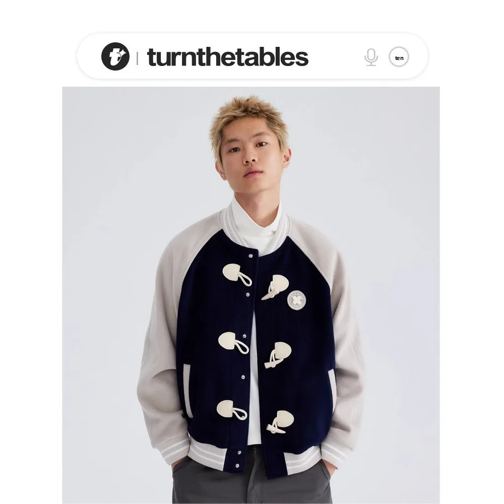 

Loose oulder Insertion Baseball Jaet Woolen Coat Button Design Academy Sle Men's Outerwear Summer Season Polyester Fiber