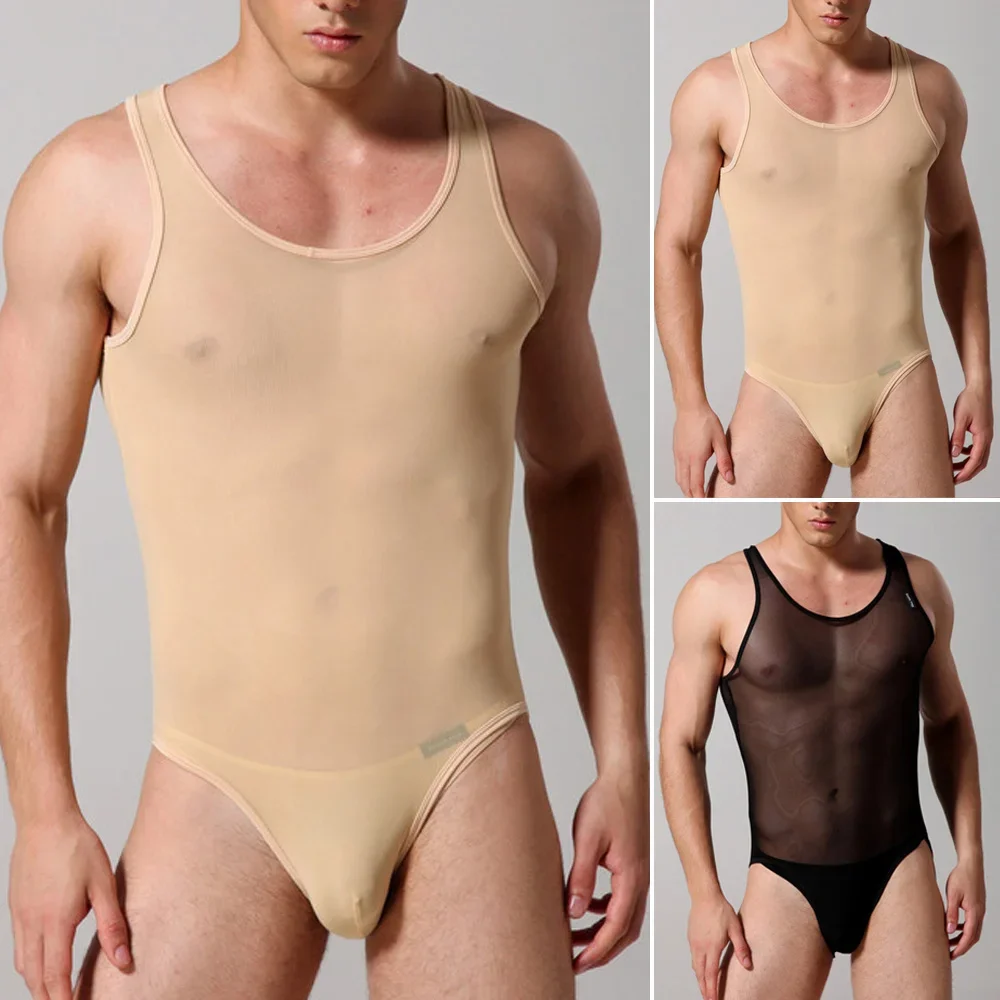 男性のためのセクシーなメッシュのボディスーツ,透明なボディストッキング,エロティックなランジェリー,ノースリーブのタンクトップ,ジャンプスーツ