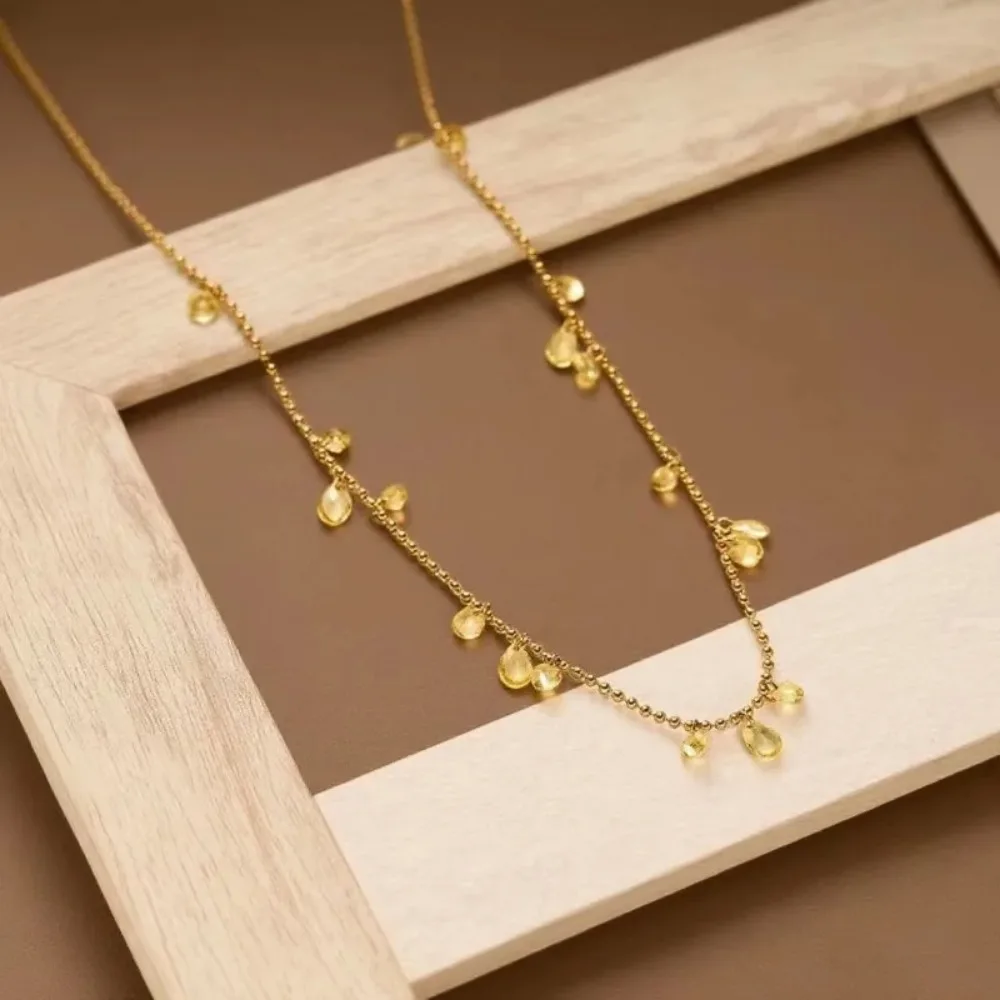 Exquisite Gold Color Stainless Steel  Teardrop-shaped Yellow Crystal Tassel Bracelet Necklace Set for Woman Beads Chain Jewelry