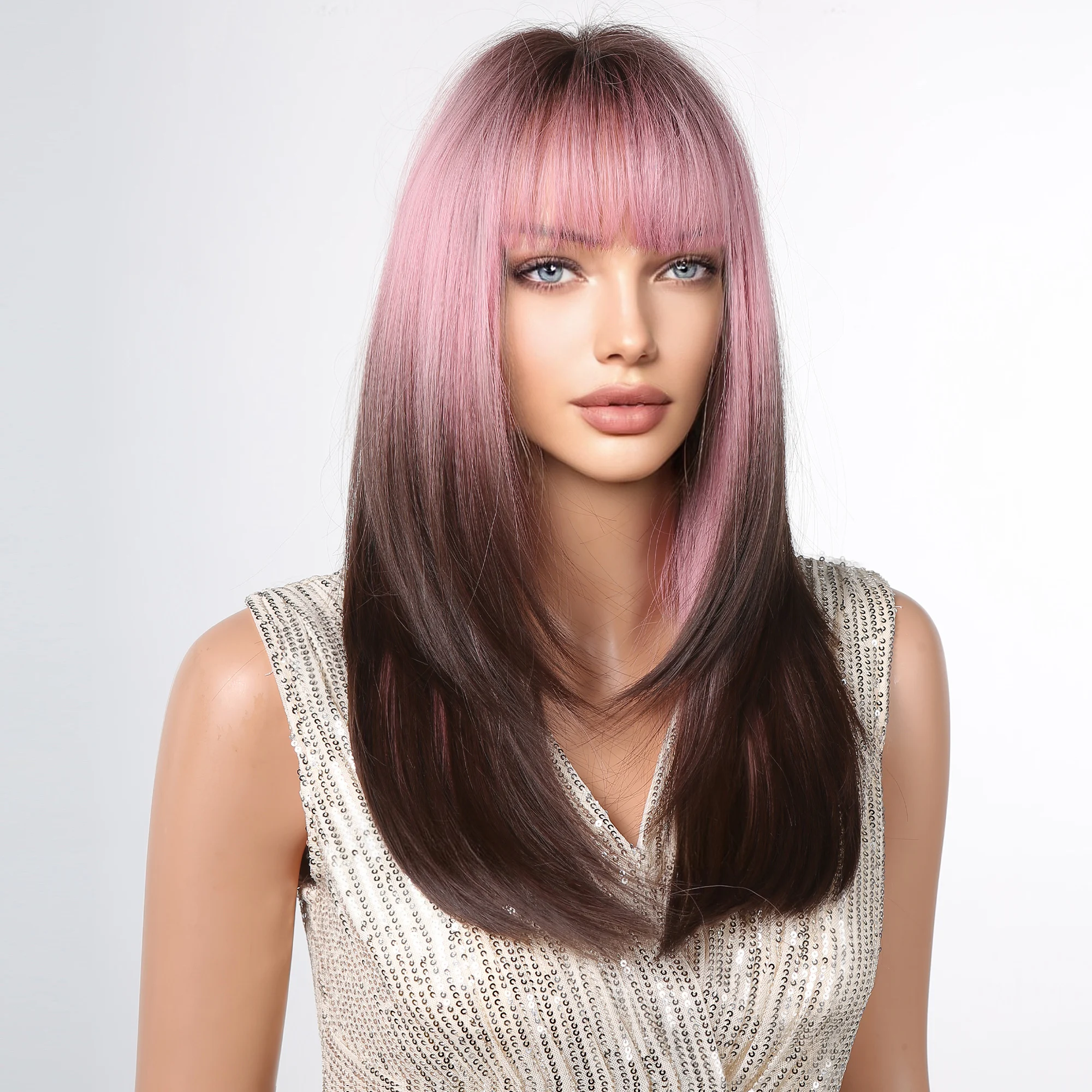 Long Layered Ombre Pink Brown Synthetic Women Wig Long Straight Cosplay Daily Woman Korean Natural Fake Hair Wigs with Bangs