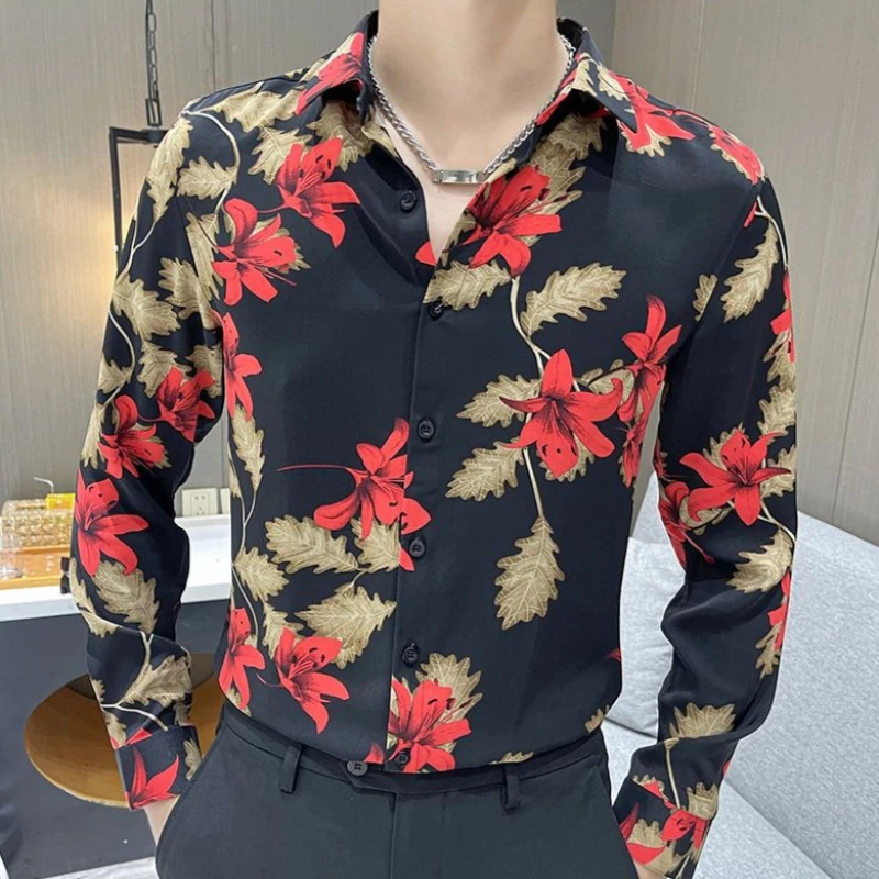 

Men's Korean Style Slim Fit Long Sleeve Floral Shirt Lightweight Ice Silk Casual Trendy Rebellious Cool