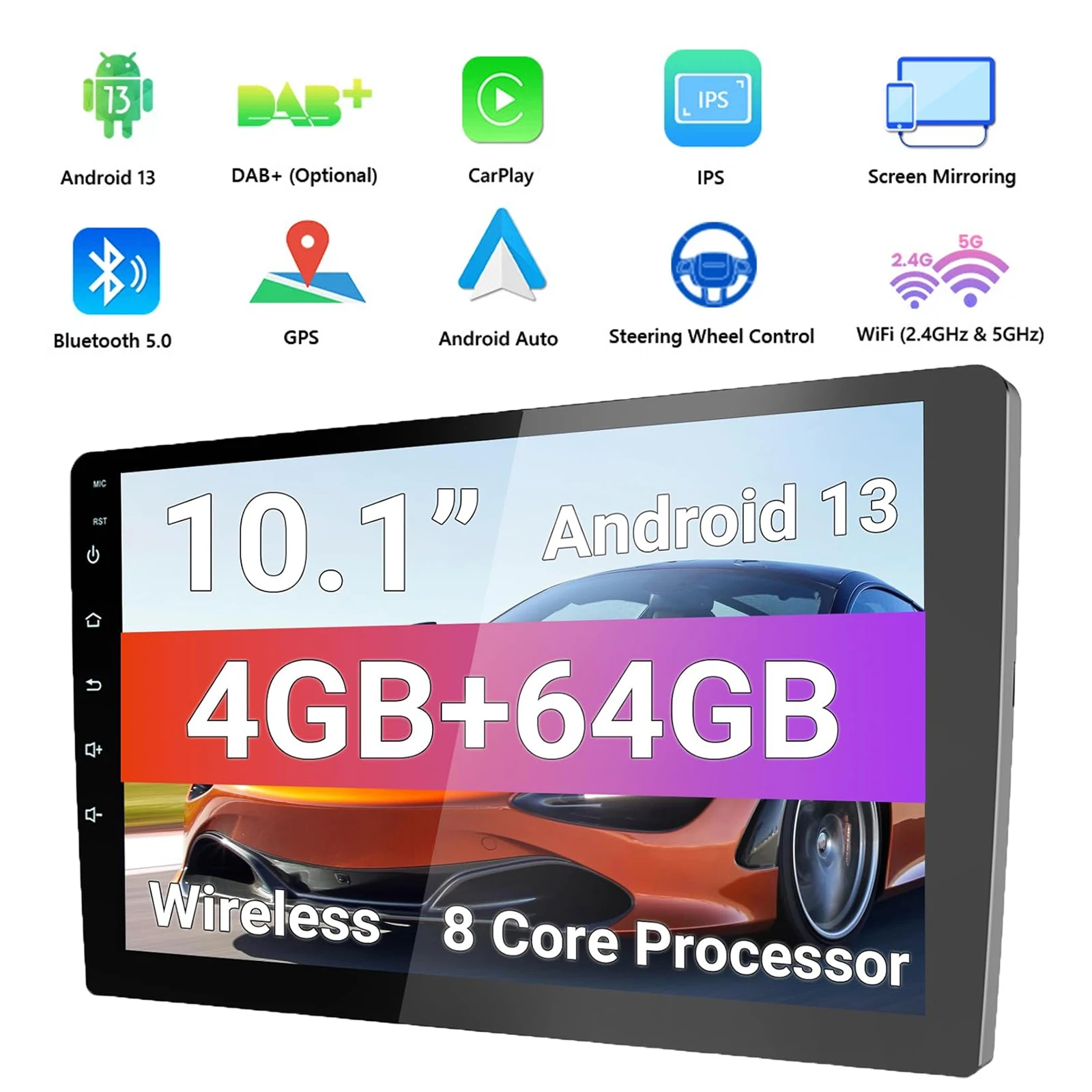 

Double Din Android 13 Car Stereo Receiver 10.1" Universal HD Touchscreen with Camera BT GPS Navi Supports CarPlay/MirrorLink