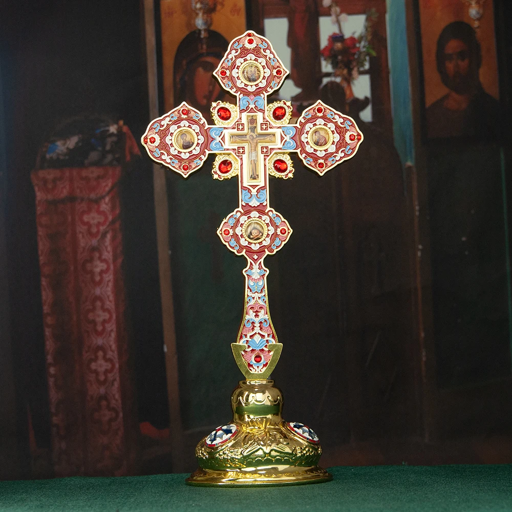 Luxuriöses Orthodoxes Christliches Geschenk: Vergoldetes Grünes Cloisonné-Standkreuz, Kirchenqualität, Altar-Kruzifix für Spirituelle Heimdekoration – Detail 16