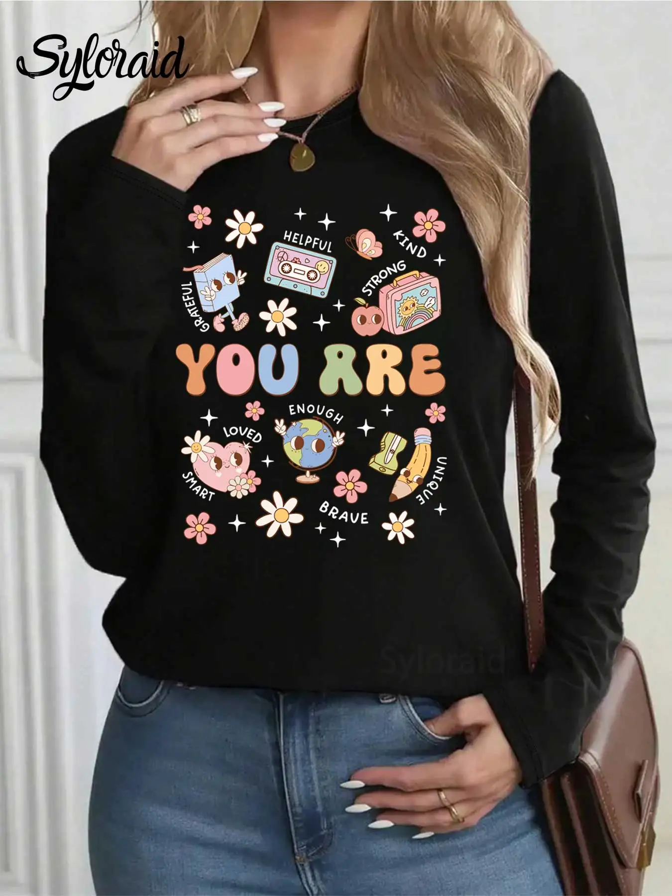 تي شيرت نسائي بأكمام طويلة تي شيرت برسومات العودة إلى المدرسة للمعلم أنت لطيف قميص عصري برقبة دائرية كاجوال #2