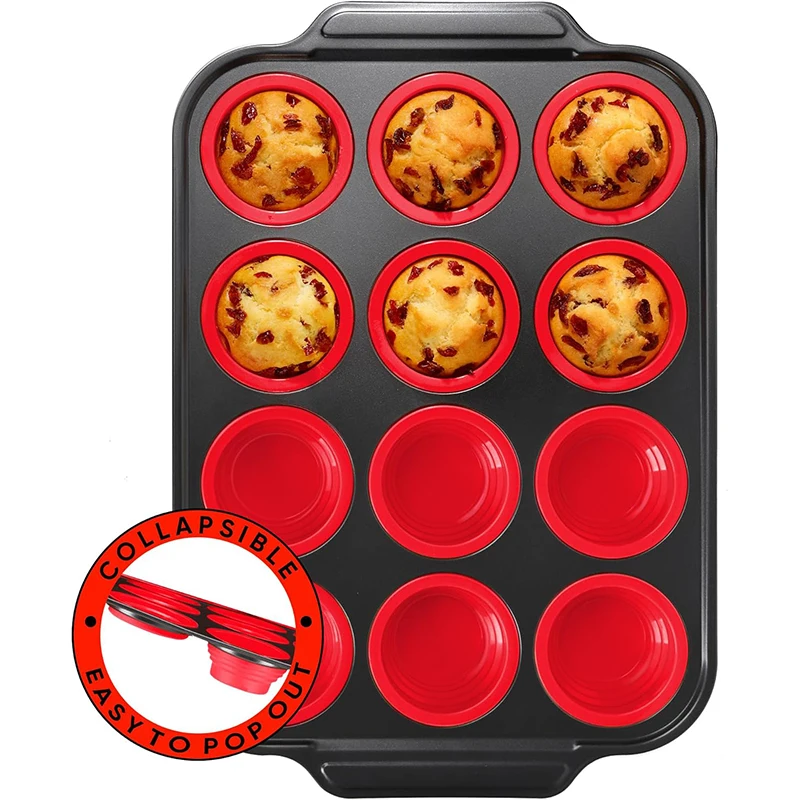 LMETJMA Collapsible Silicone Muffin Pan 12 Cups Egg Bites Cupcake Pan with Metal Frame Nonstick Muffin Tray Muffin Tins JT372