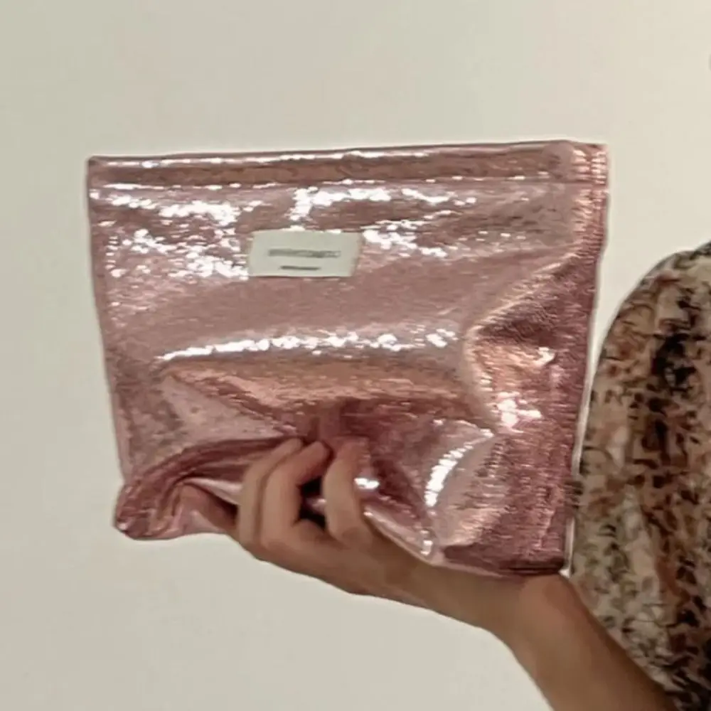 Women New Makeup Bag Shiny Sequins Silver Champagne Clutch Cosmetic Bag Portable Toiletries Skincare Storage Bag Organizer Pouch