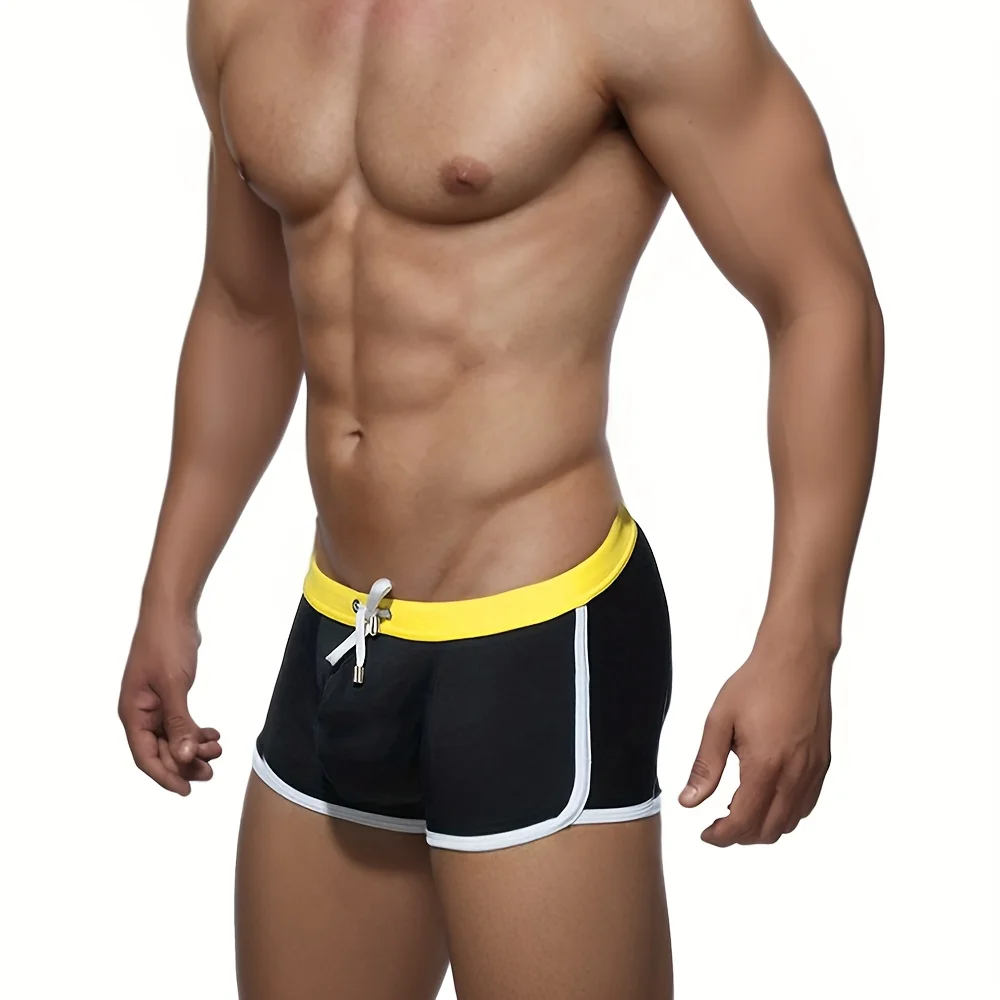Sexy Mens Swimwear Solid Black Swim Boxer Briefs Bikini Brazilian Cut Surf Trunks Swimsuits Underwear Beach Sports Shorts