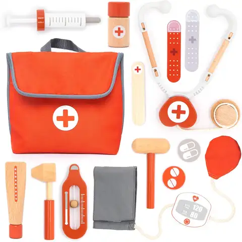 Wooden Pretend Play Red Doctor's Kit Educational Toys for Children Medical Simulation Medicine Chest Set for Kids Role Playing