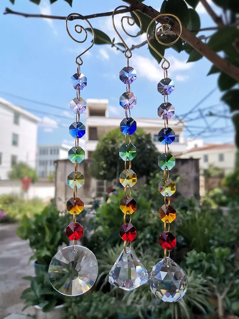 Chakra Crystal Prism Suncatcher Chandelier Lamp Ball Octagon Beads String Hanging Pendant Home Wedding Window Decor Figurine
