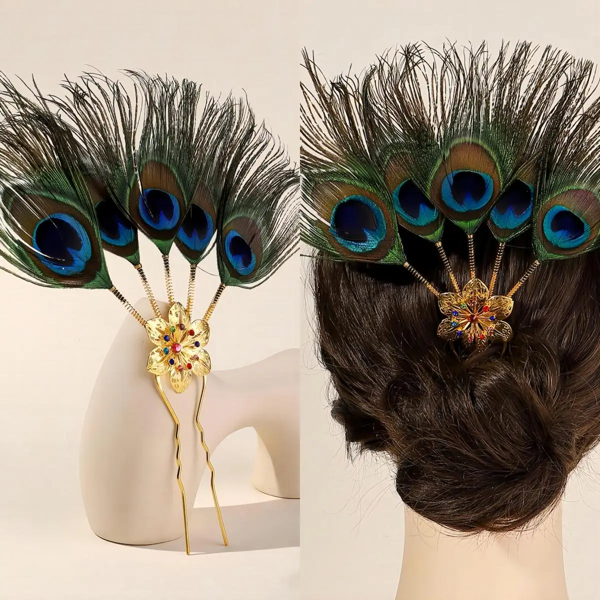 A Bohemian Peacock Feather Colored Sparkle Diamond Stage Performance Carnival Indian Travel Headdress Pin Ornament Plate Hairpin