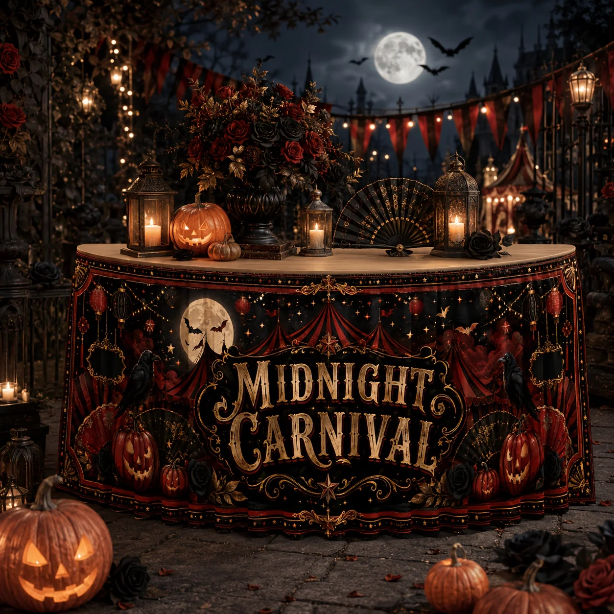 Party table skirt 1 piece - Retro Midnight Carnival Halloween Table Skirt