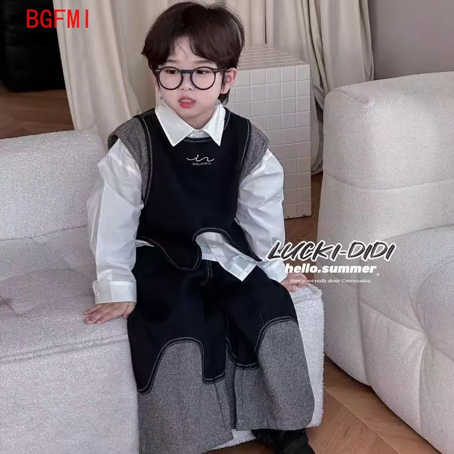 Spring Autumn Korean Baby Clothes Fashion Kids Clothes Boy Design Irregular Vest+Shirt+Wide Leg Pants 3pc Set Children's Costume