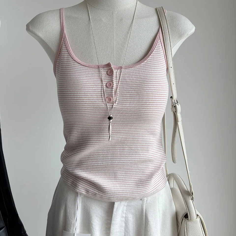  Atmosphere U-Neck Button Striped Women's Summer Top with Chest Pad Base Shirt Age Reduction Pure Desire Style Vest