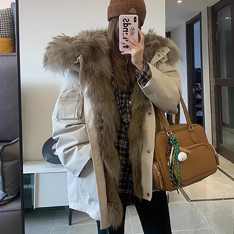 

Усовершенствованная рабочая одежда, хлопковая куртка с большим меховым воротником, женская осенне-зимняя куртка 2025 года, новое плотное пальто, женская одежда