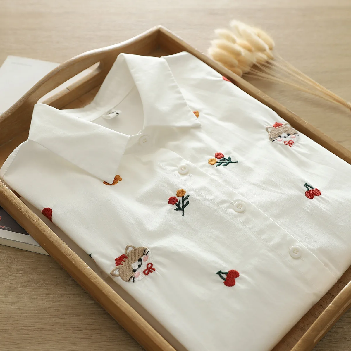 New Spring Cotton Embroidery Commute Shirt Women Lapel Short Sleeve Cute Top Girl Versatile Casual Blouses 2024 Autumn T45343QC