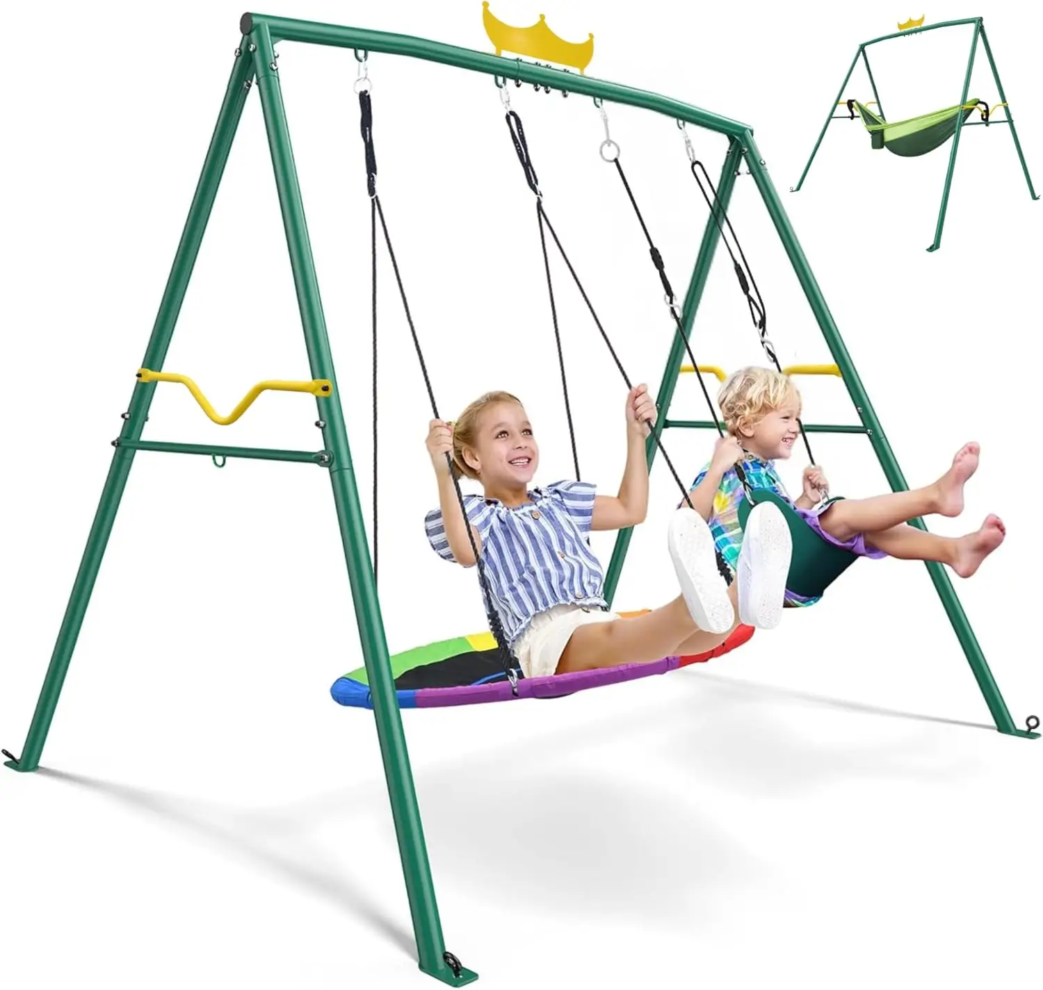 Balançoire et hamac Crown 2 en 1, ensembles de balançoires à 2 places de 460lb pour l'arrière-cour, ensemble de balançoires pour enfants en plein air, métal robuste, 1 soucoupe et 1 ceinture pour